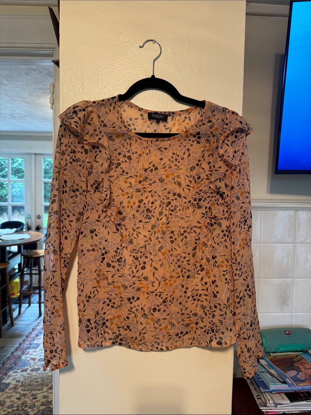 SOAKED IN LUXURY "Sasoline" Sheer Floral Ruffle Long-Sleeve Top size Small